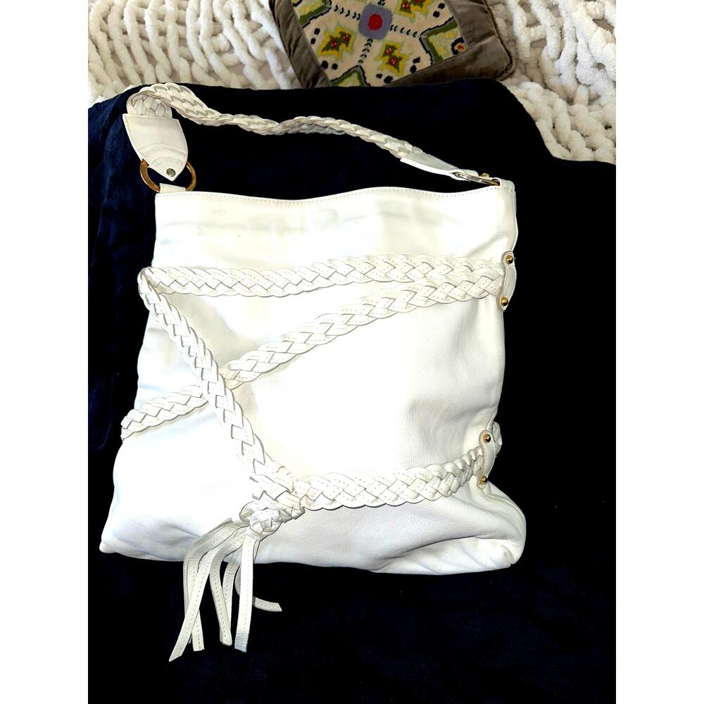 GOLDENBLEU LARGE BOHO WHITE LEATHER BAG BRAIDED TRIM & TASSEL USED 1X